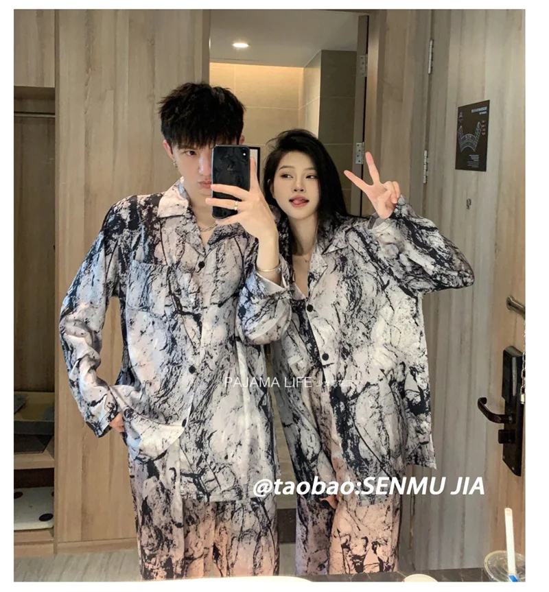 High Grade Ink Splashed Landscape Painting Couple Pajamas With Ice Silk 2024 Spring And Autumn Long Sleeved Home Clothing Set