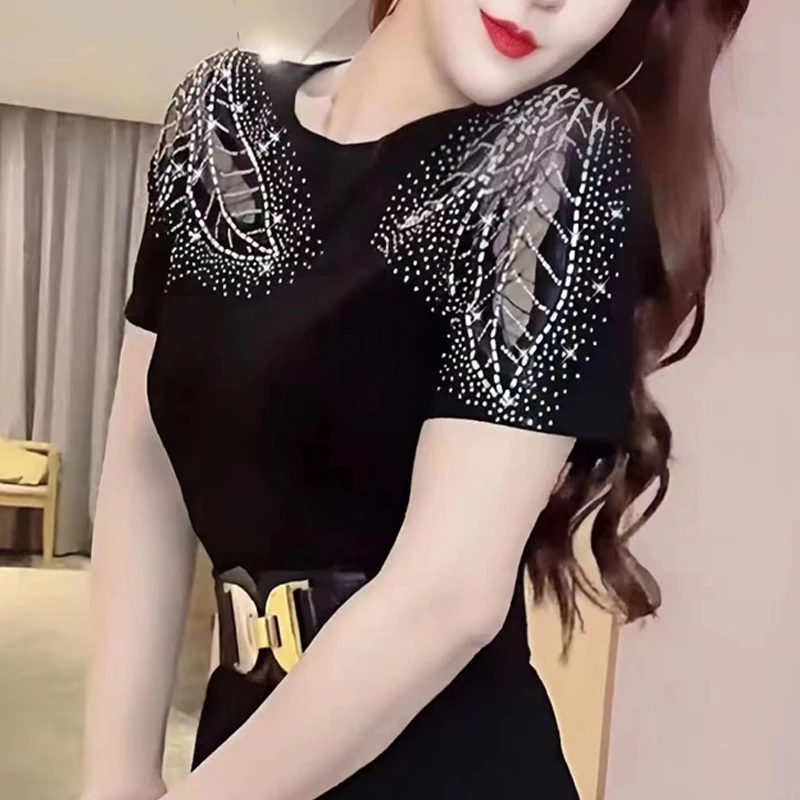 Women Clothing 2024Summer Korean Fashion Sexy Mesh Patchwork Rhinestone T-shirt Elegant Black White Short Sleeve Slim Basic Tops