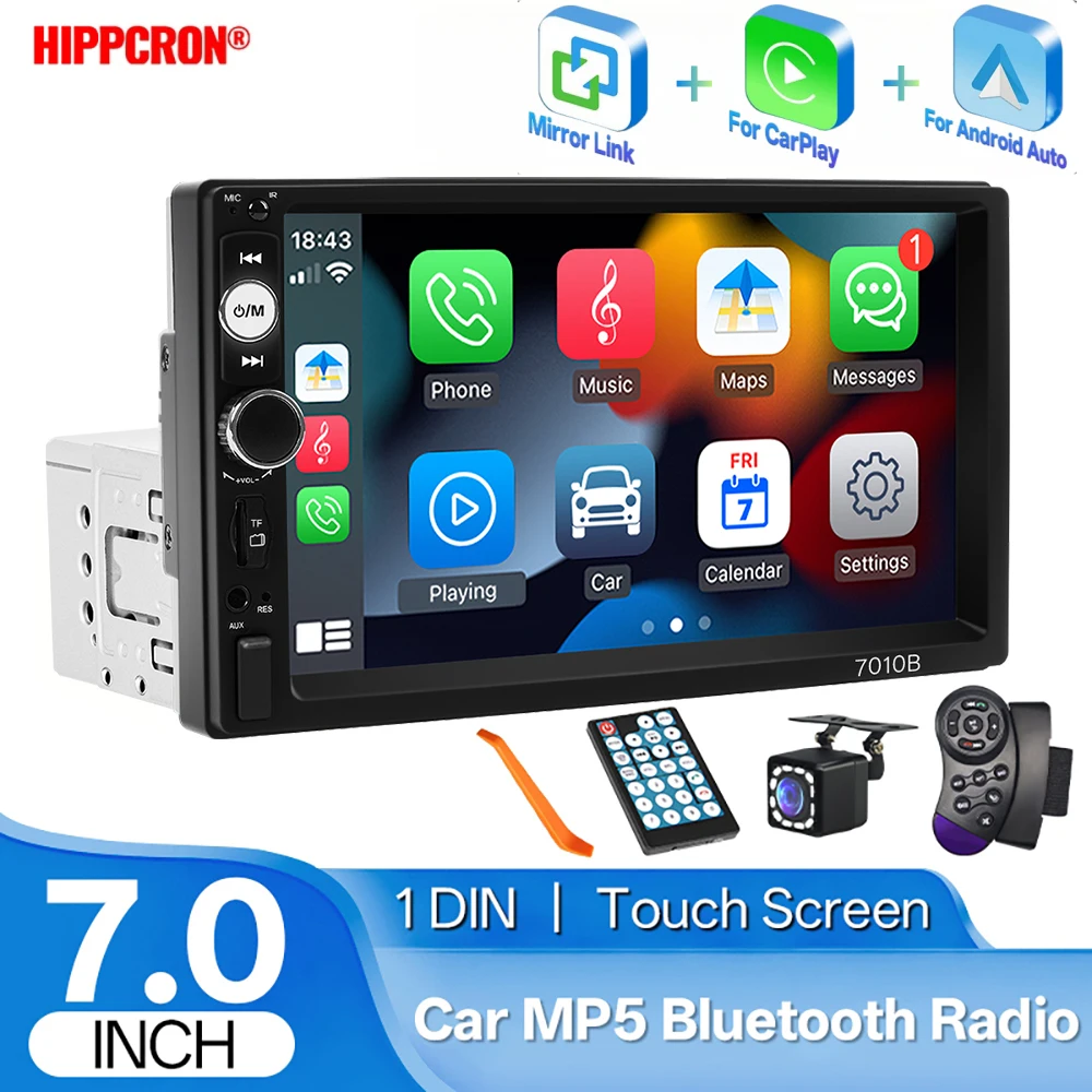 

7-дюймовый автомобильный MP5-плеер Hippcron, мультимедийное радио 1 DIN с Carplay и Android-автоматической поддержкой интерфейса USB/AUX