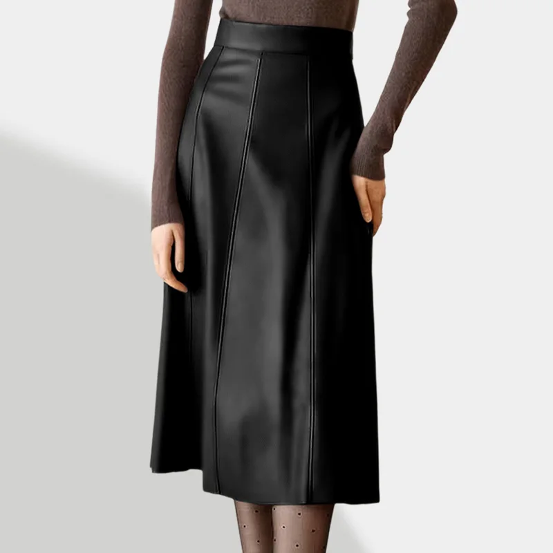 سيوليش الخريف الشتاء بولي Leather الجلود المرقعة عالية الخصر Vintage المرأة ألف خط التنانير الكورية الصلبة مظلة ميدي التنانير الإناث