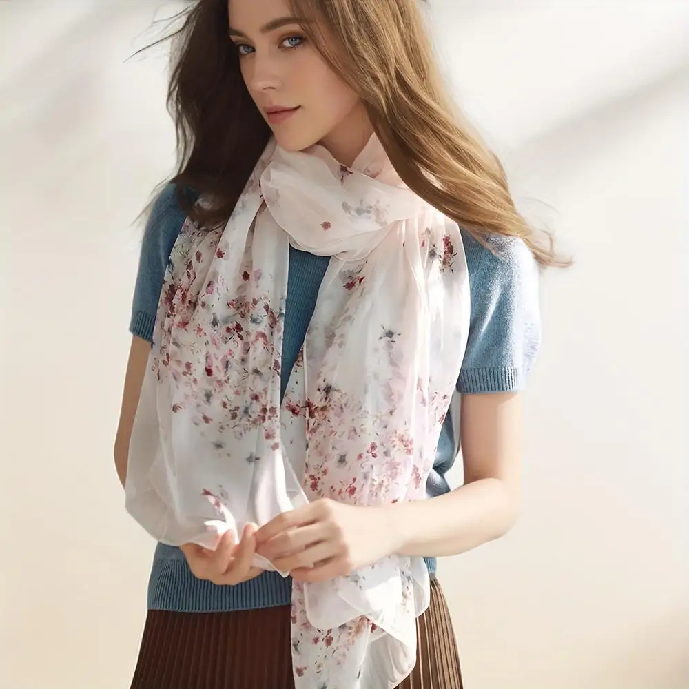 100% Mulberry Silk, Countryside Style Small Flower Scarf Shawl Wrap, Gentle Fabric, High-End, Luxurious