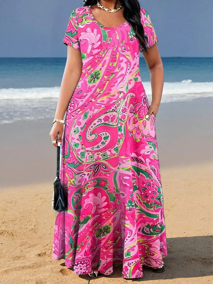 

Elegant Plus Size Womens Floral Print Maxi Dress With Pockets For Summer Beach Vacation