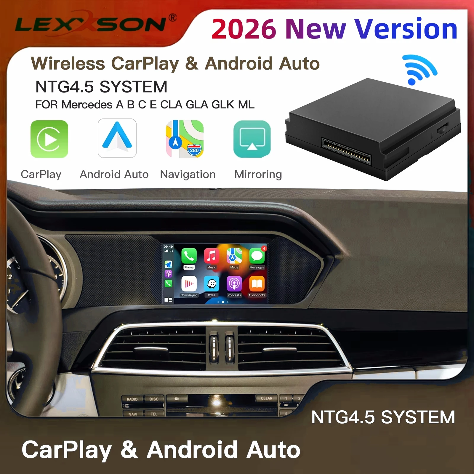 LEXXSON Wireless CarPlay Android Auto for Mercedes Benz A B C E CLA GLA GLK ML Sprinter NTG4.5 Becker Module Navigation 2026