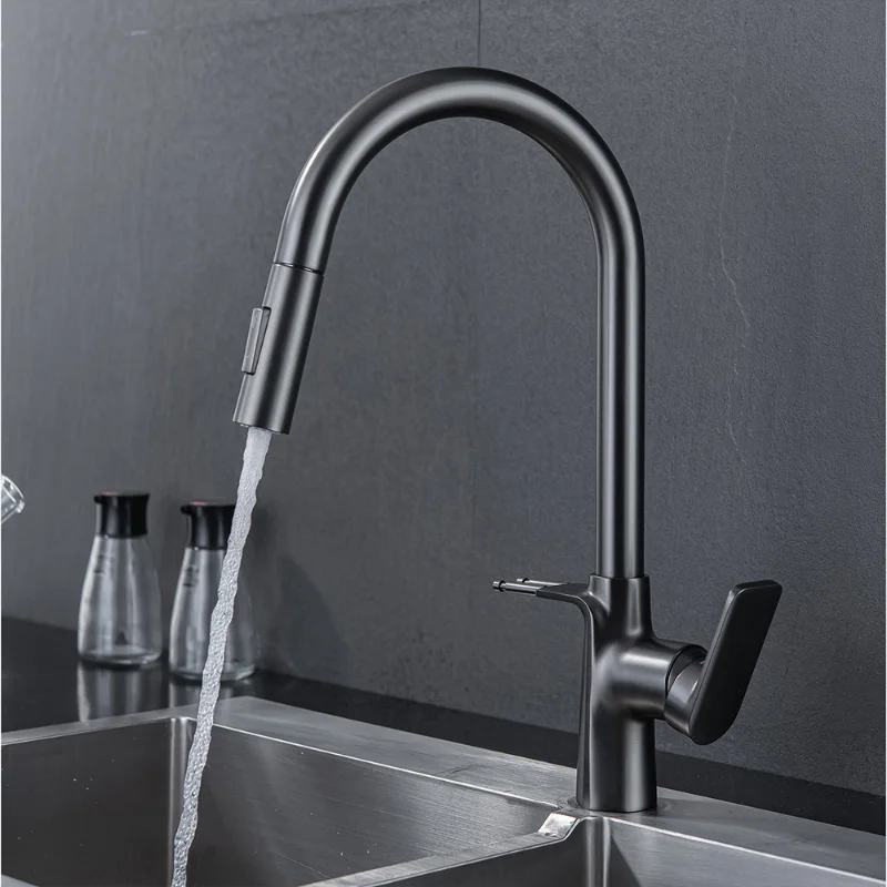 Gun Gray Pull-out Multi-function Kitchen Faucet 360° Swivel With Hook Hot And Cold Water Sink  Brass Taps