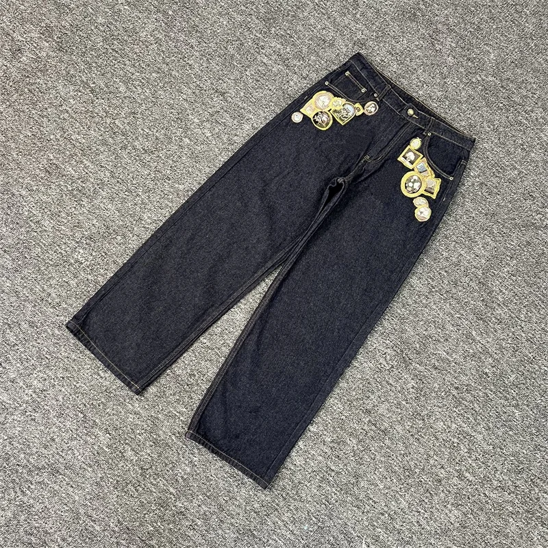 

2025 Vintage Derschutze Embroidered Gallery Pattern Jeans 1:1 Best Quality Black Washed Mens Denim Trousers