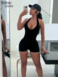 Sisterlinda Casual Sporty Skinny Halter Rompers Women Sleeveless V-Neck 2023 Summer Workout Playsuits Female Streetwear Outfits