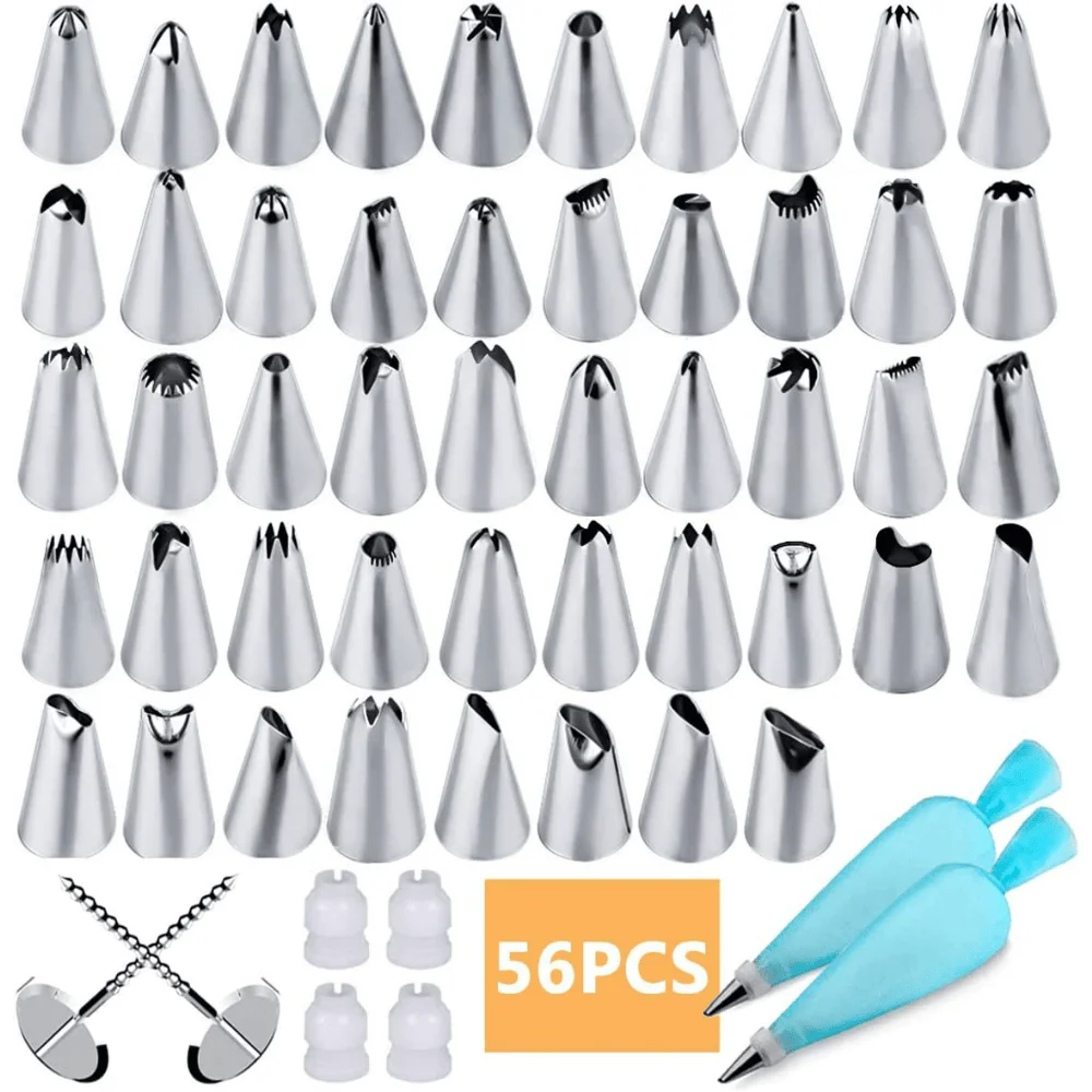 56pcs Piping Bags And Tips Set, Cake Decorating Supplies Kits For Baking With 48 Frosting Icing Tips, 2 Reusable Pastry Bags