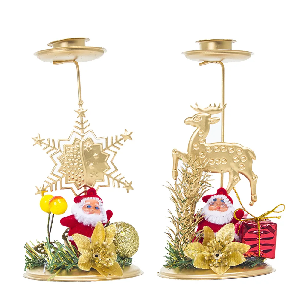 

2pcs Christmas Candlestick Home Decor Xmas Theme Festive Atmosphere Wrought Iron Golden Color Holiday Table Decoration