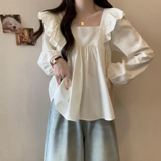 Sweet Wind Lotus Leaf Edge Shirt Women's Autumn New Style Square Collar Strap Bow Loose Long Sleeve Top