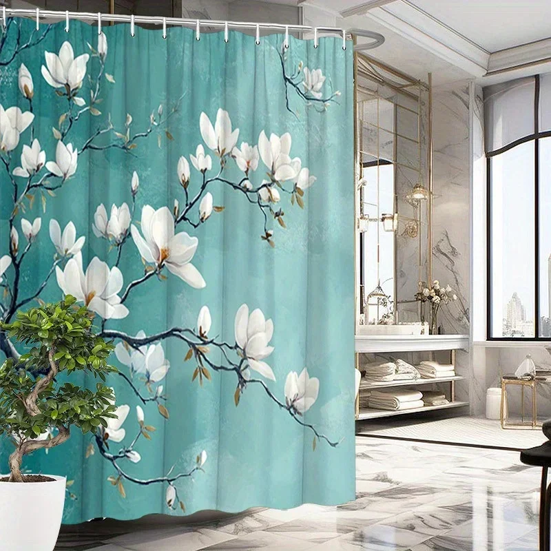 1pc White Magnolia Branch Shower Curtain - Soft Teal Gradient, Polyester 12 Hooks, Washable & Durable