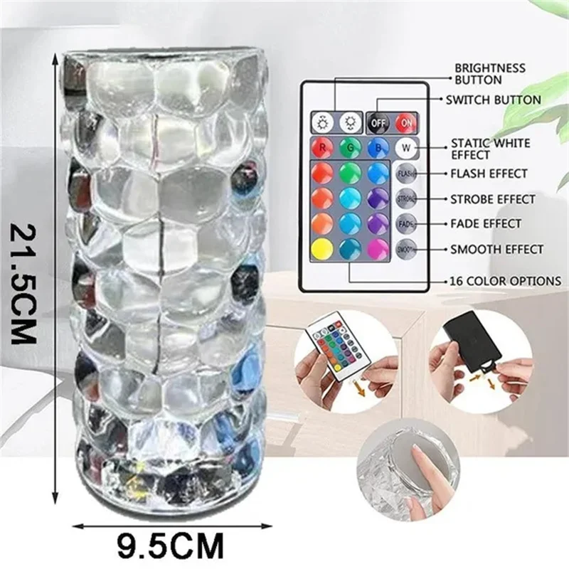 Imagem -06 - Romântico Diamante Atmosfera Luz Projetor Led Cristal Waterdrop Table Lamp Usb Touch Night Light Cores 16 Cores Ajustável