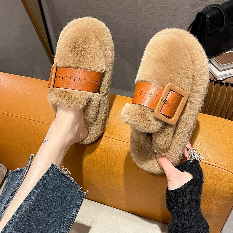 2024 Autumn and winter new niche design thick-bottomed fluffy slippers for women trendy flat-bottomed cotton slippers for women