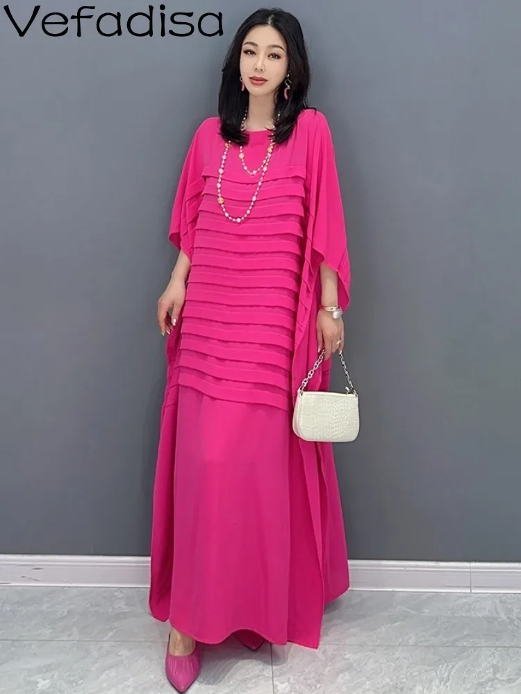 Vefadisa2024 Summer New Fashion Bat Sleeves Dress Personalized Pleated Tassel Rose Red And Blue Women Elegant Trendy Dress ZY682