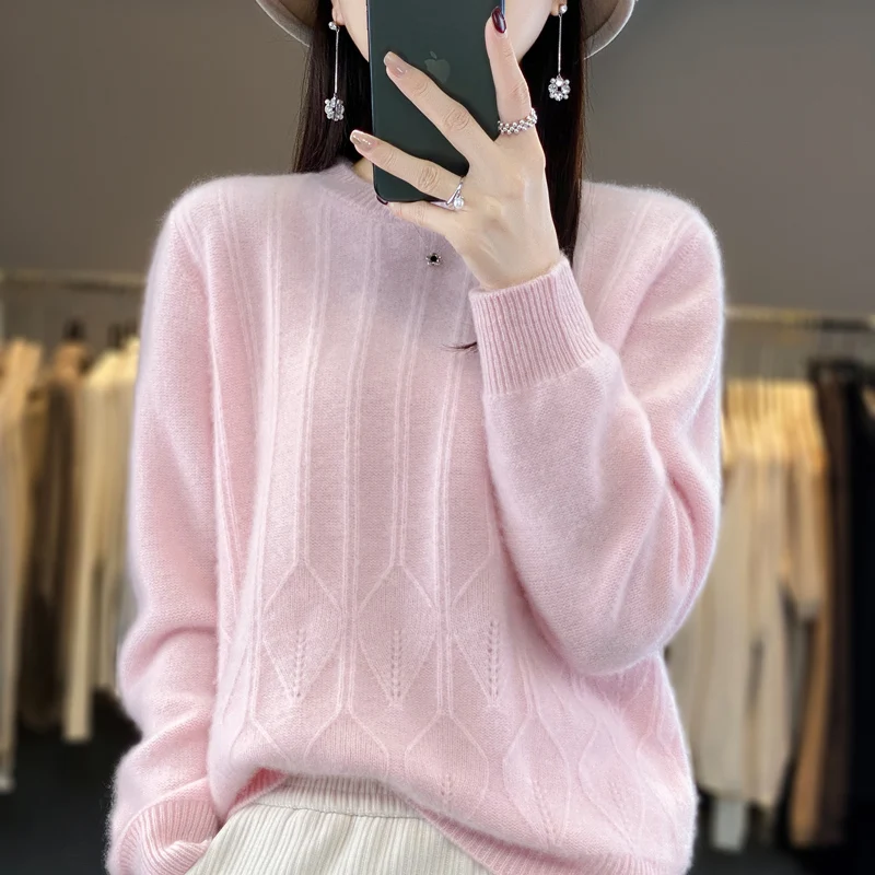 100% Merino wool cashmere women's sweater 0-neck long-sleeved pullover autumn and winter pullover padded top