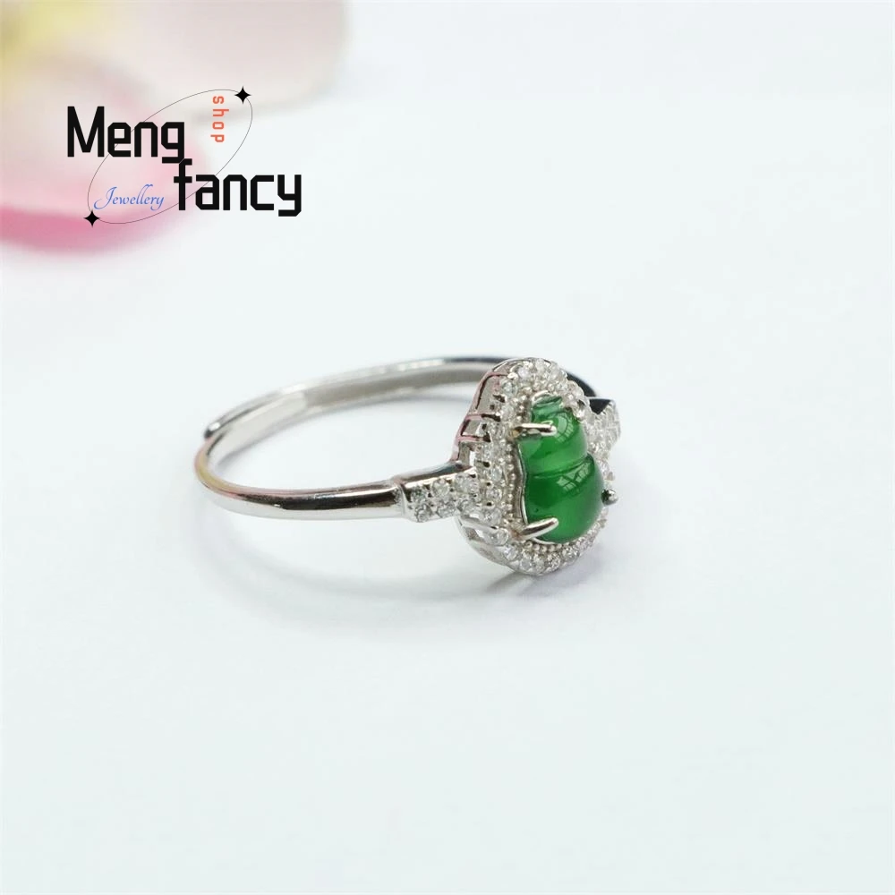 S925 Silver Lnlaid Natural Jadeite Exquisite Elegant High-grade Ring Ice Type Imperial Green Gourd Ring Luxury Quality Jewelry