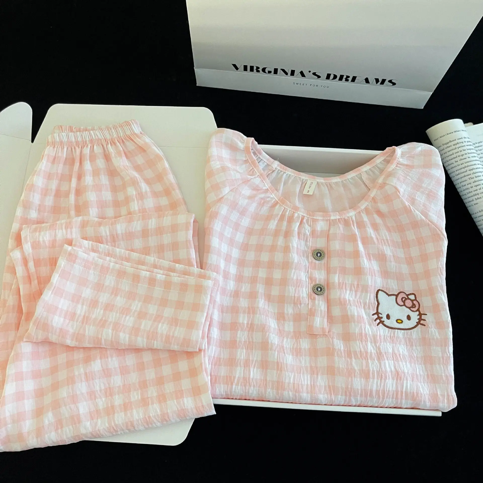 

Hello Kitty Summer Women's Pajamas Cloud Cotton Cartoon Leisure Cute Round Neck Long Sleeve Two Piece Set for Women's