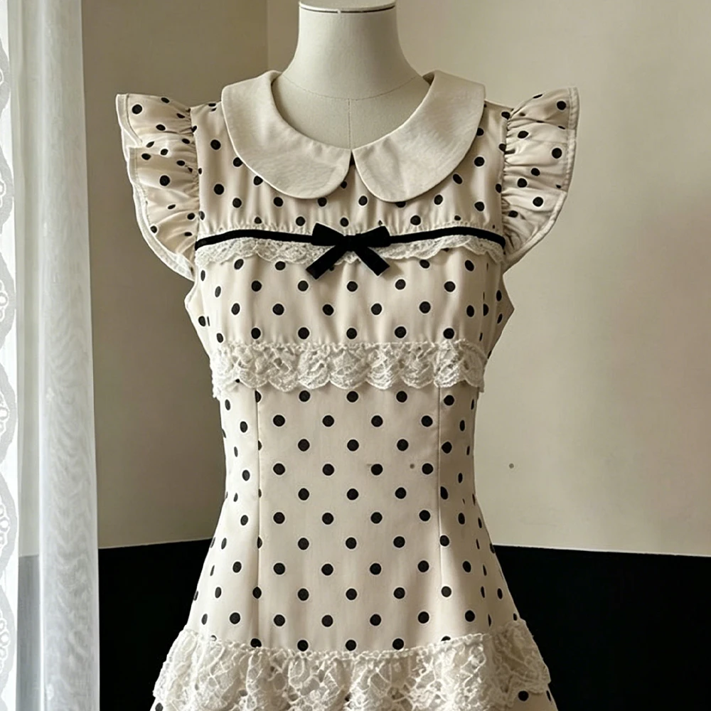 

Summer Japanese Sexy Vintage Lolita Polka Dot Lace Dress Women Design Fashion Sweet Doll Collar Bow Slim A-Line Dresses Women's