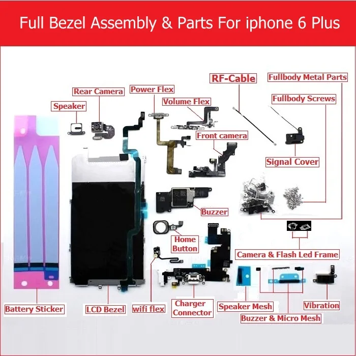 

Полный комплект деталей в сборе для iPhone 6 plus, зарядное устройство, USB/ЖК-рамка/камера/динамик/винт/кронштейн/зуммер/домашняя и гибкая мощность