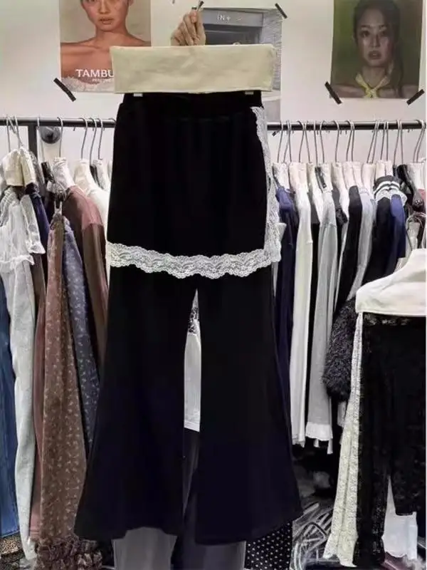 

plus Size 300 Pounds Lace Splice Casual Pants Women's Autumn Winter Thickened Fleece High Waist Bell Bottoms Korean Style