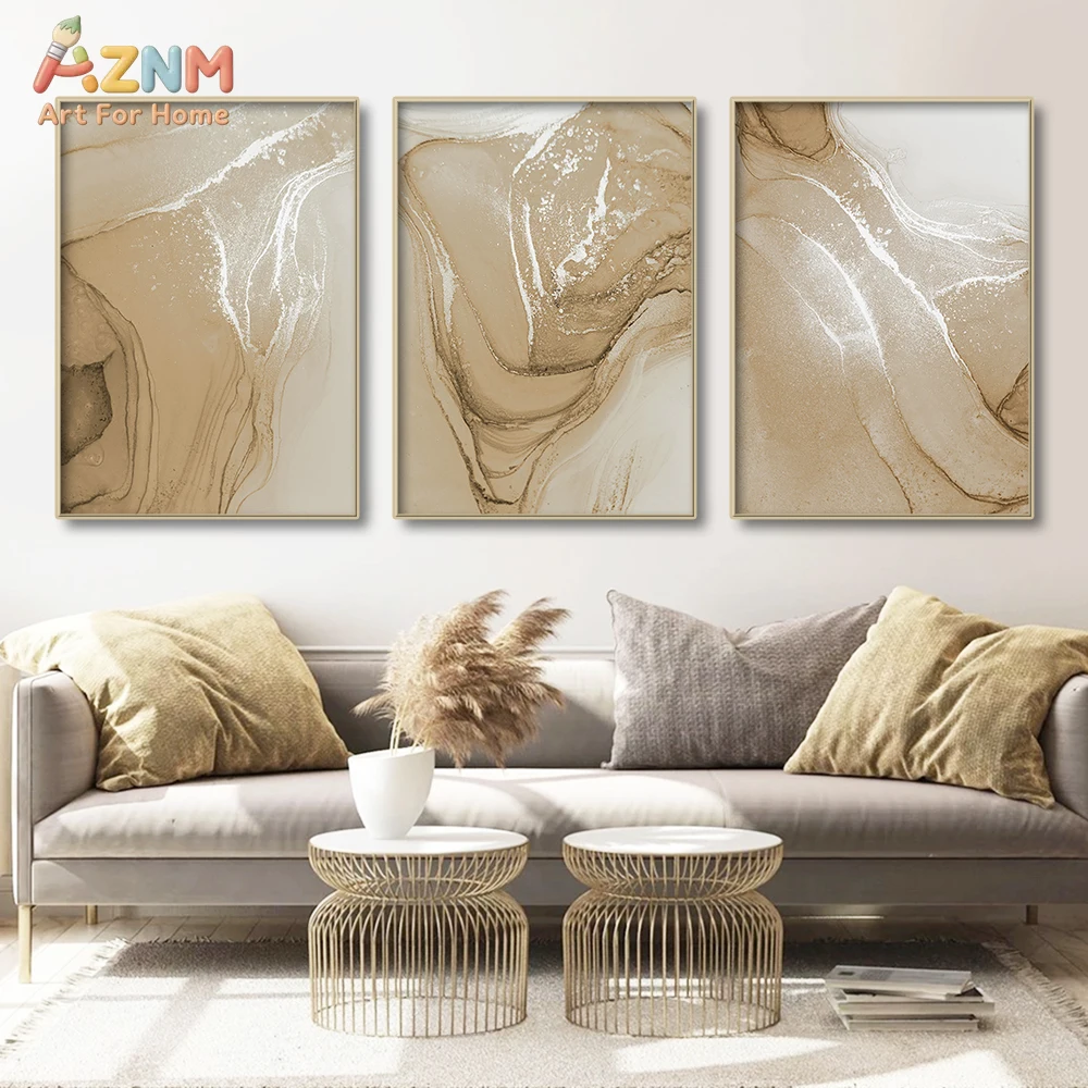 3PCSAZNM 3 Panels Beige Gold Marble Abstract Canvas Wall Art, Neutral Fluid Art Painting Unframed Canvas Prints for Living Room
