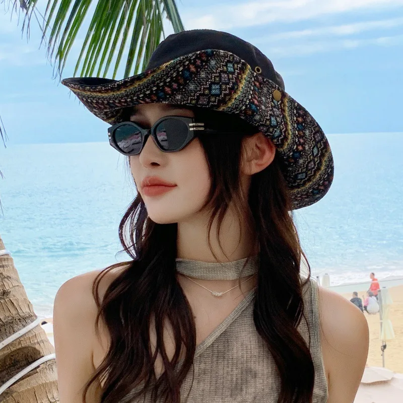 

Шляпа от солнца с широкими полями в этническом стиле — женская альпинистская шляпа в стиле ретро 10 см | Регулируемая и УФ-защита