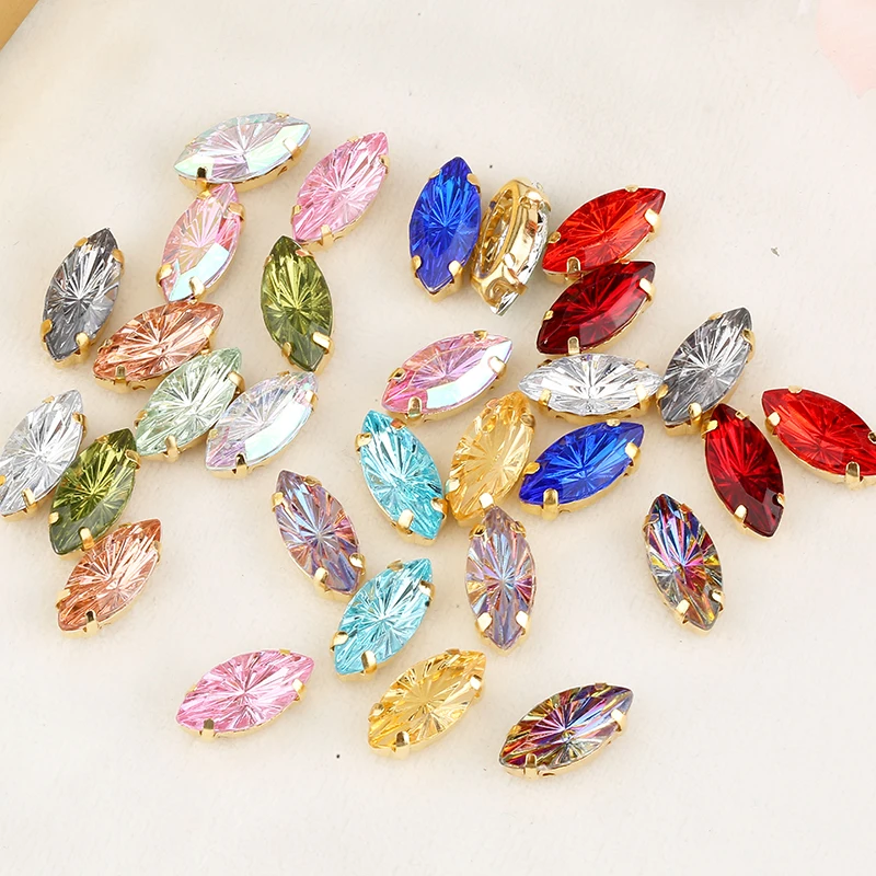 RESEN 7x15mm 50pcs Sew On Horse Eye Rhinestone Laser Color Crystal Stone Gold Brass Claw Navette Stone for DIY Sewing Dress Trim