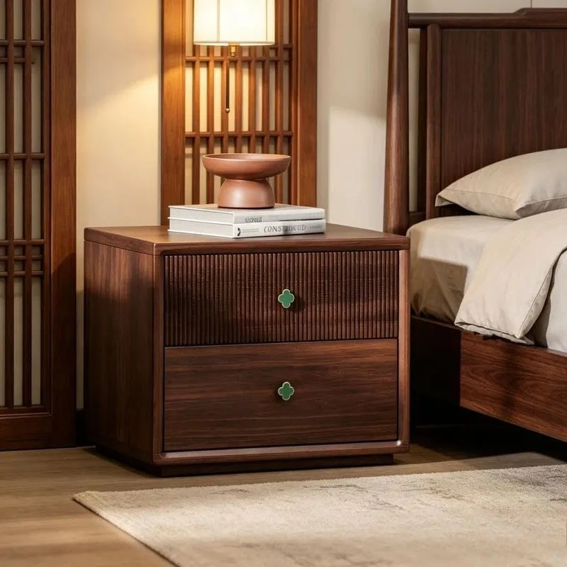 Retro walnut, color double draw bedside table, modern simple bedroom bedside storage cabinet new, Chinese relief cabinet door