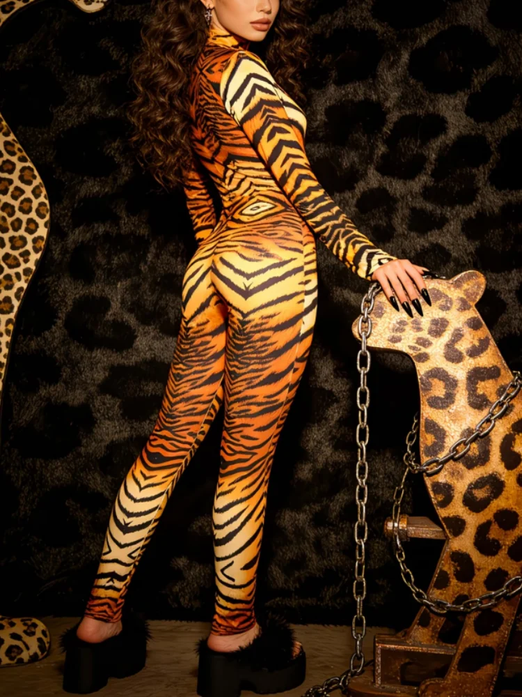 Damen Leoparden-Catsuit, eng anliegender Jumpsuit, Cosplay-Outfit, Halloween, Dschungel-Tier-Thema, Rave, Nachtclub, Tanz, Bühnenkostüm – Detail 12
