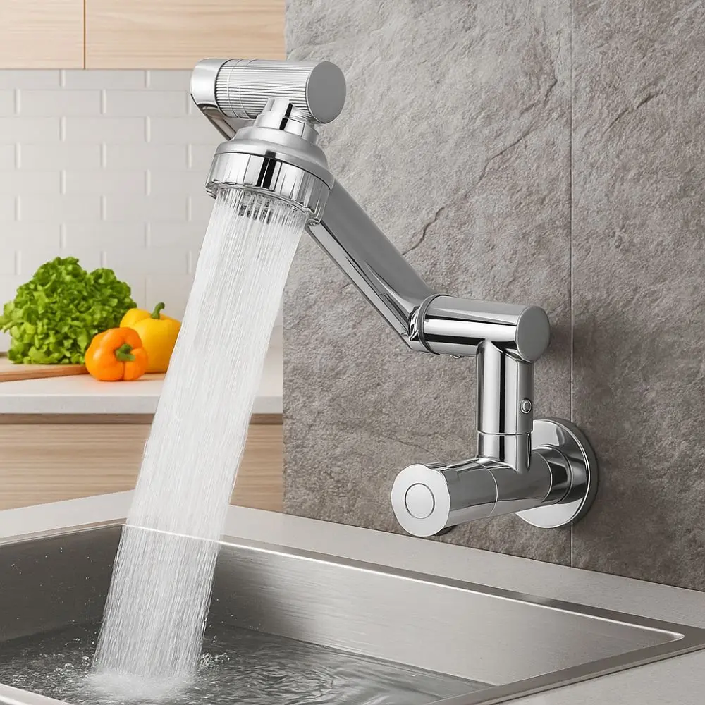 

360° Rotation Wall Mounted Faucet Chrome Finish Stainless Steel Kitchen Sink Faucet 2 Modes Nozzle Bathroom Faucet Bathroom