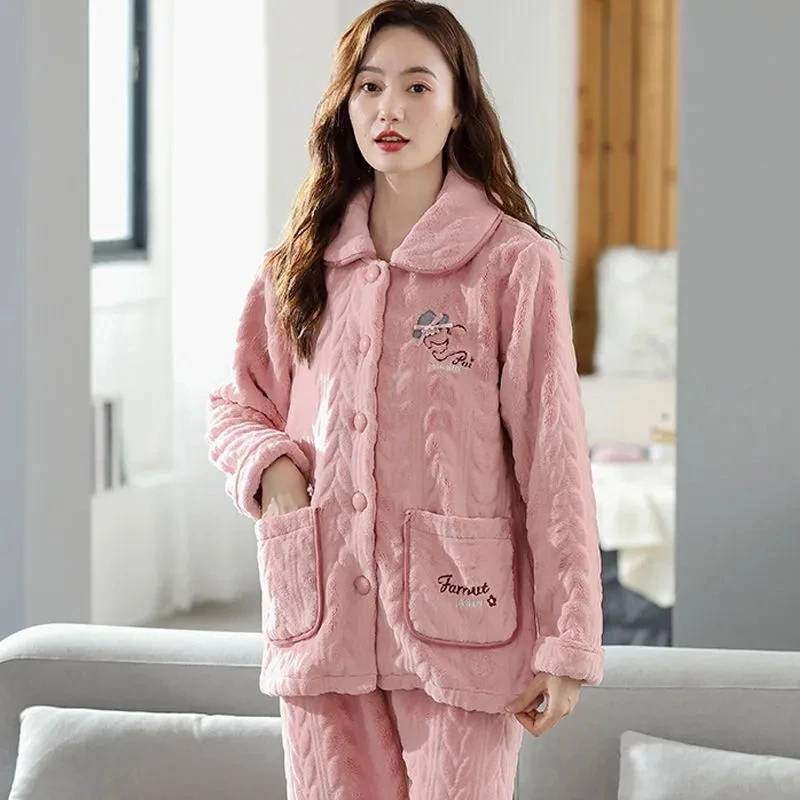 Two-piece coral Fleece Pajamas Women\'s 2022 Autumn Winter Loose Flannel Cardigan Homewear Warm Thicken Female Casual Pajamas Set