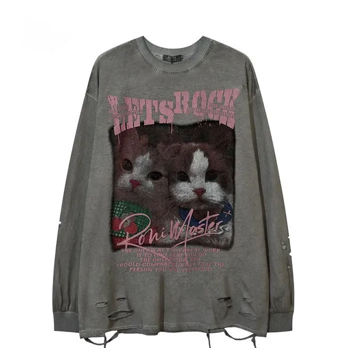 Trend Cat Letter Graphic Hole Long Sleeved T-shirt Men Women Oversized Casual Hip Hop Top Y2k Girls Grunge Youth Blouse Clothes