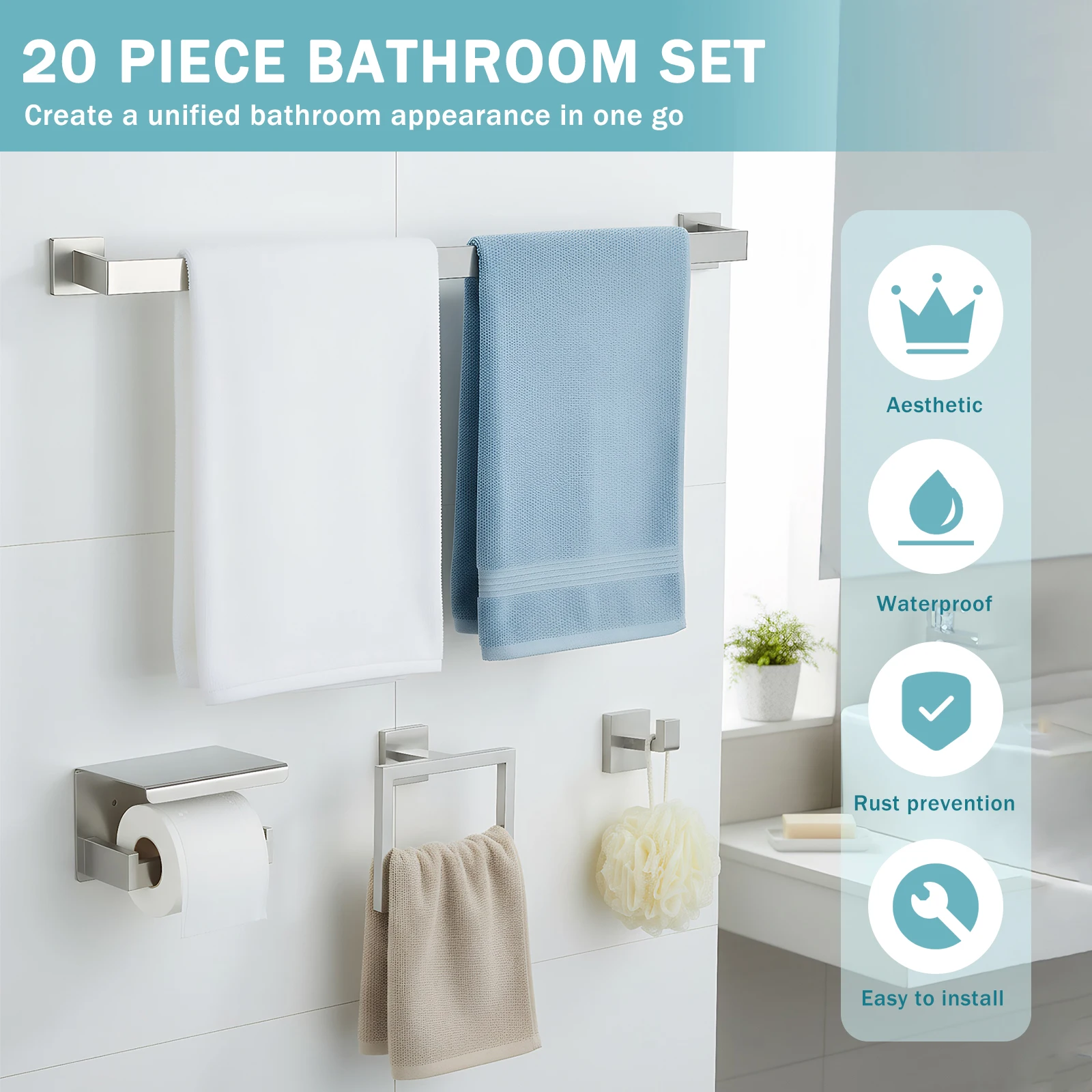

20-Pieces Bathroom Accessories Towel Bar Set Wall Mounted Stainless Steel Towels Rack/Toilet Paper Holder/Ring/Hook