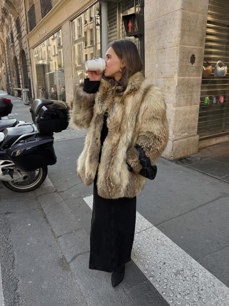 Elegant Women Faux Fur Thick Coat Fashion Lapel Long Sleeves Loose Cardigan Autumn Winter Chic Lady Warm Commuting Outerwear