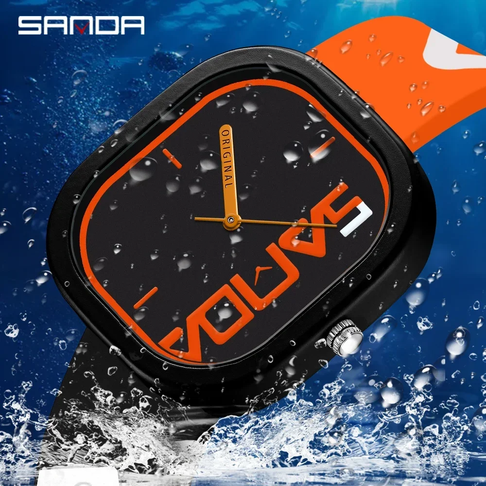 SANDA-Relógio de quartzo impermeável masculino, relógio esportivo de luxo, design simples, pulseira de silicone, relógio automático, novo padrão, 2024