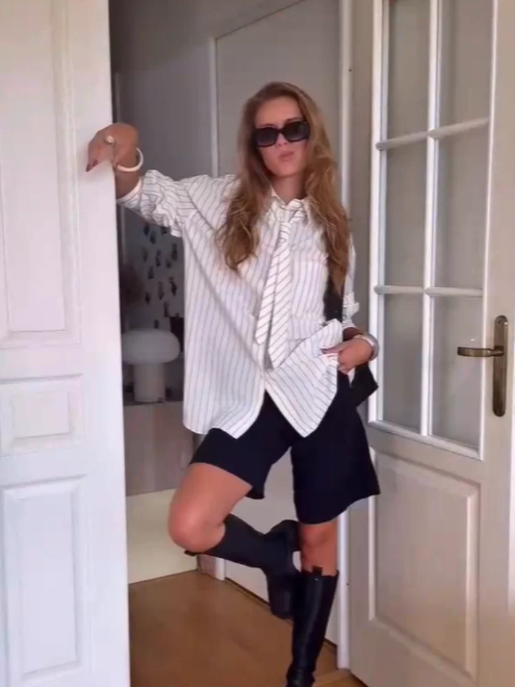 

Модная женская полосатая рубашка с завязками и лацканами, однобортная блузка с длинным рукавом, осень 2022, новая повседневная повседневная женская рубашка Y2k