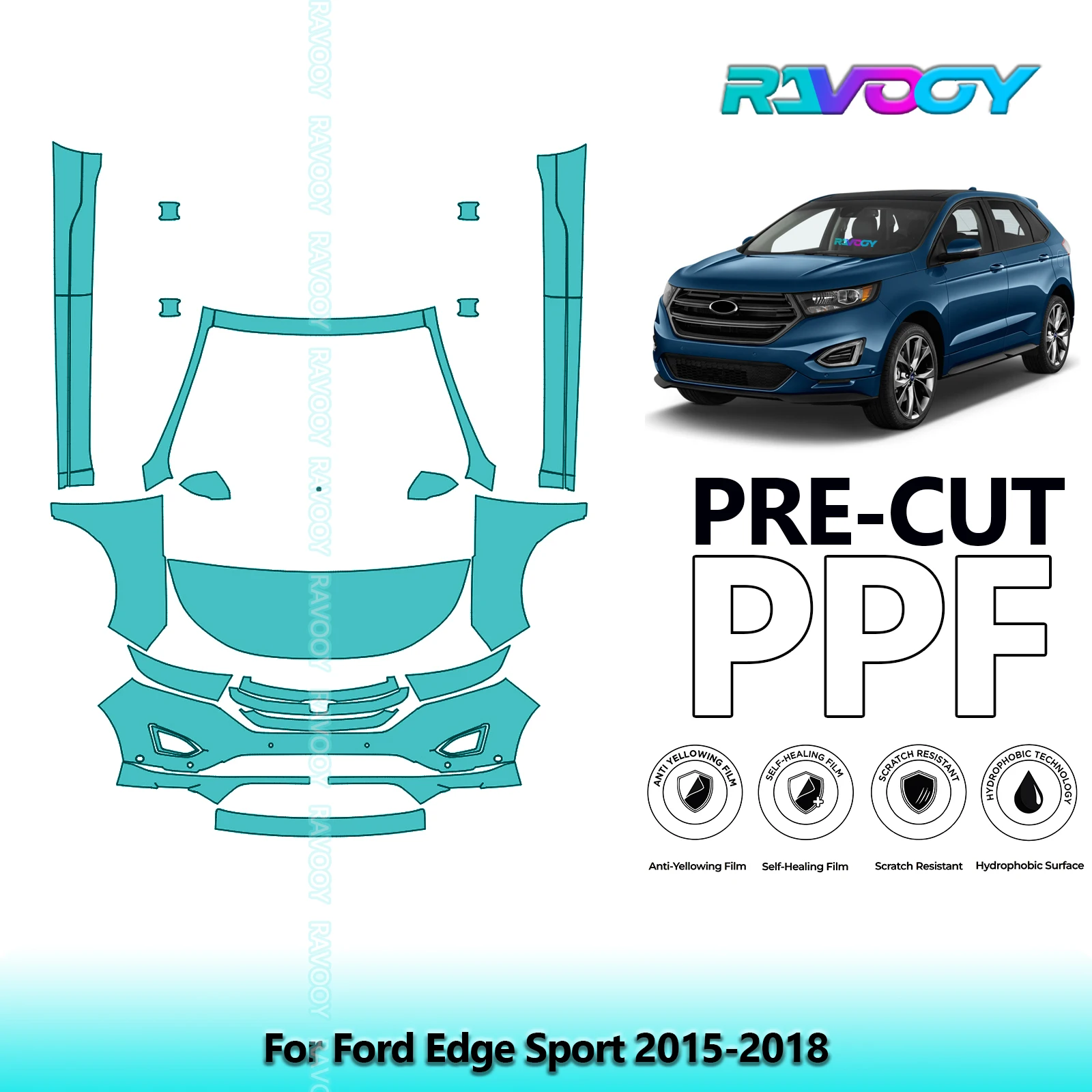 

8.5Mil Precut Paint Protection Film PPF Clear Bra Front Kit+Rockers For Ford Edge Sport 2015-2018