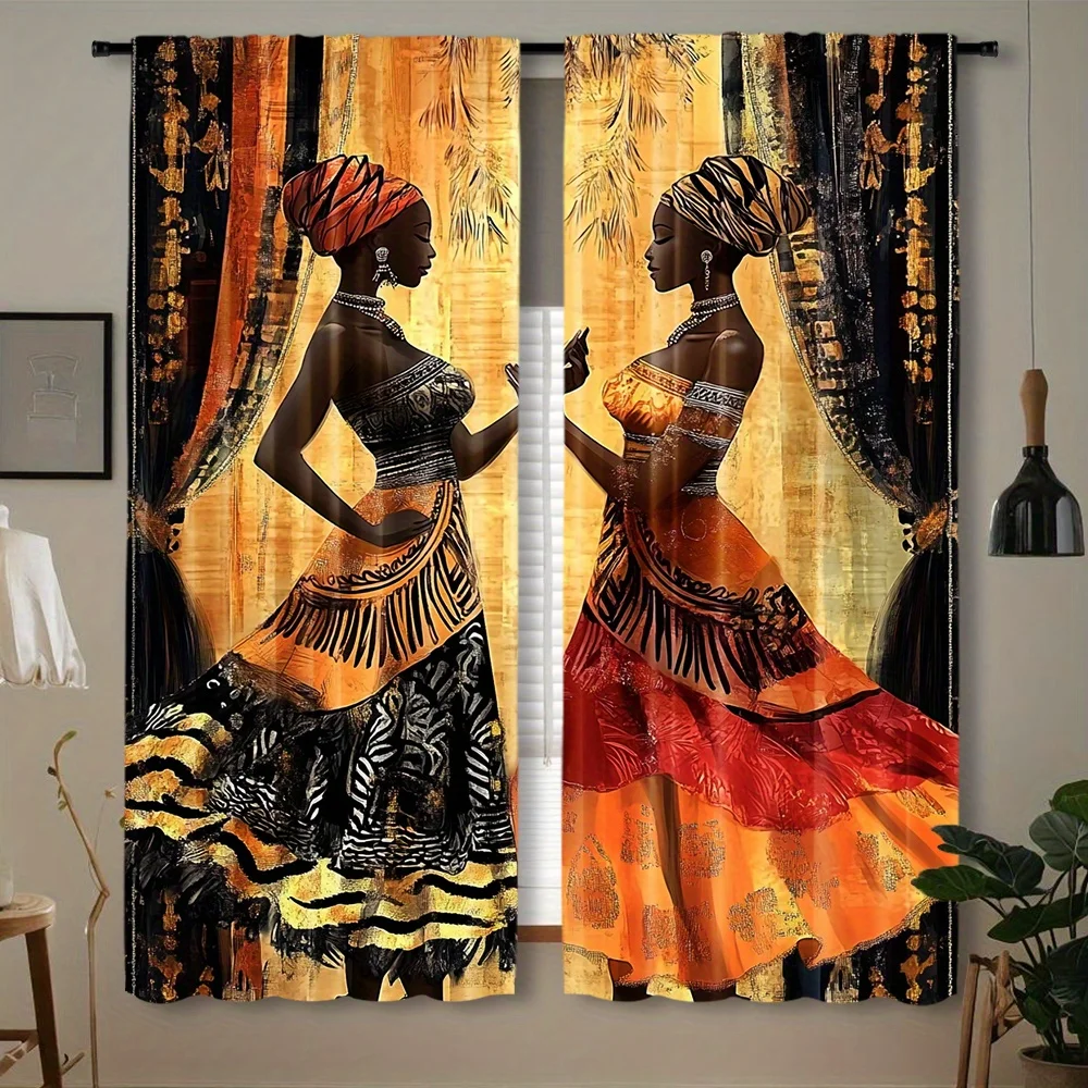 African Art Curtains with Ethnic Woman Print, Cultural Boho Window Drapes for Living Room Bedroom, Unique Home Decor