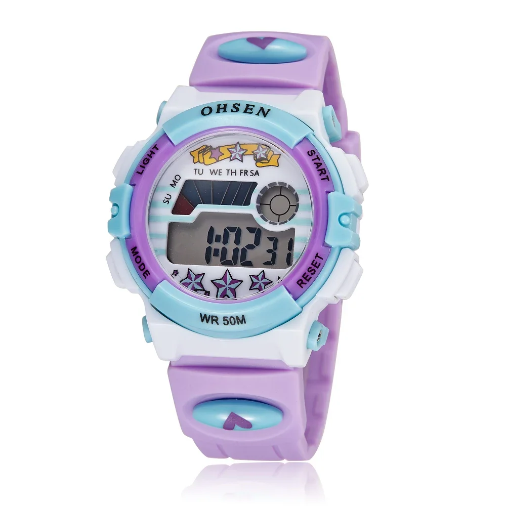 OHSEN Kids Sport Watches 50M Waterproof Purple Cartoon Digital Wristwatch Stopwatch Electronic LED Children Watch For Boys Girls