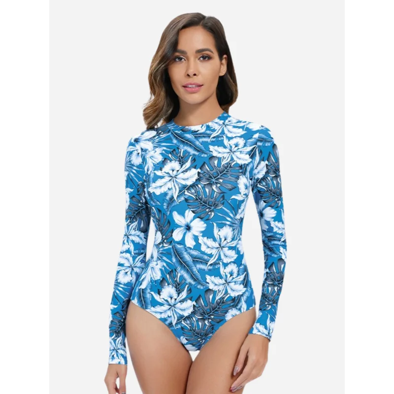 

Floral Print Suring Swimwear One Piece Women Rash Guard Swimsuit Long Sleeve UPF 50+ Bathing Suit Backless Beach Wear