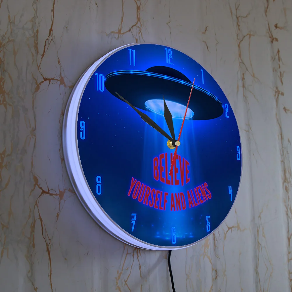 Believe Yourself And Alien UFO Abduction LED Wall Clock Night Light For Bedroom Extraterrestrial Home Decor Clock With Backlight