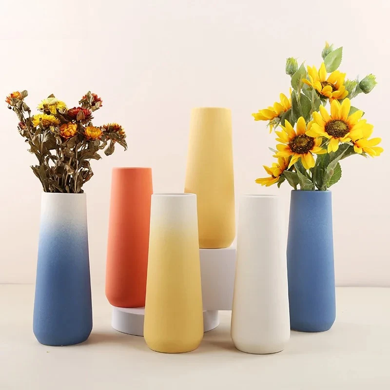 Colorful Gradient Ceramic Vase Cylinder Flower Pots Desk Decoration Flower Arrangement Modern Floral Vases Room Aesthetic Decor