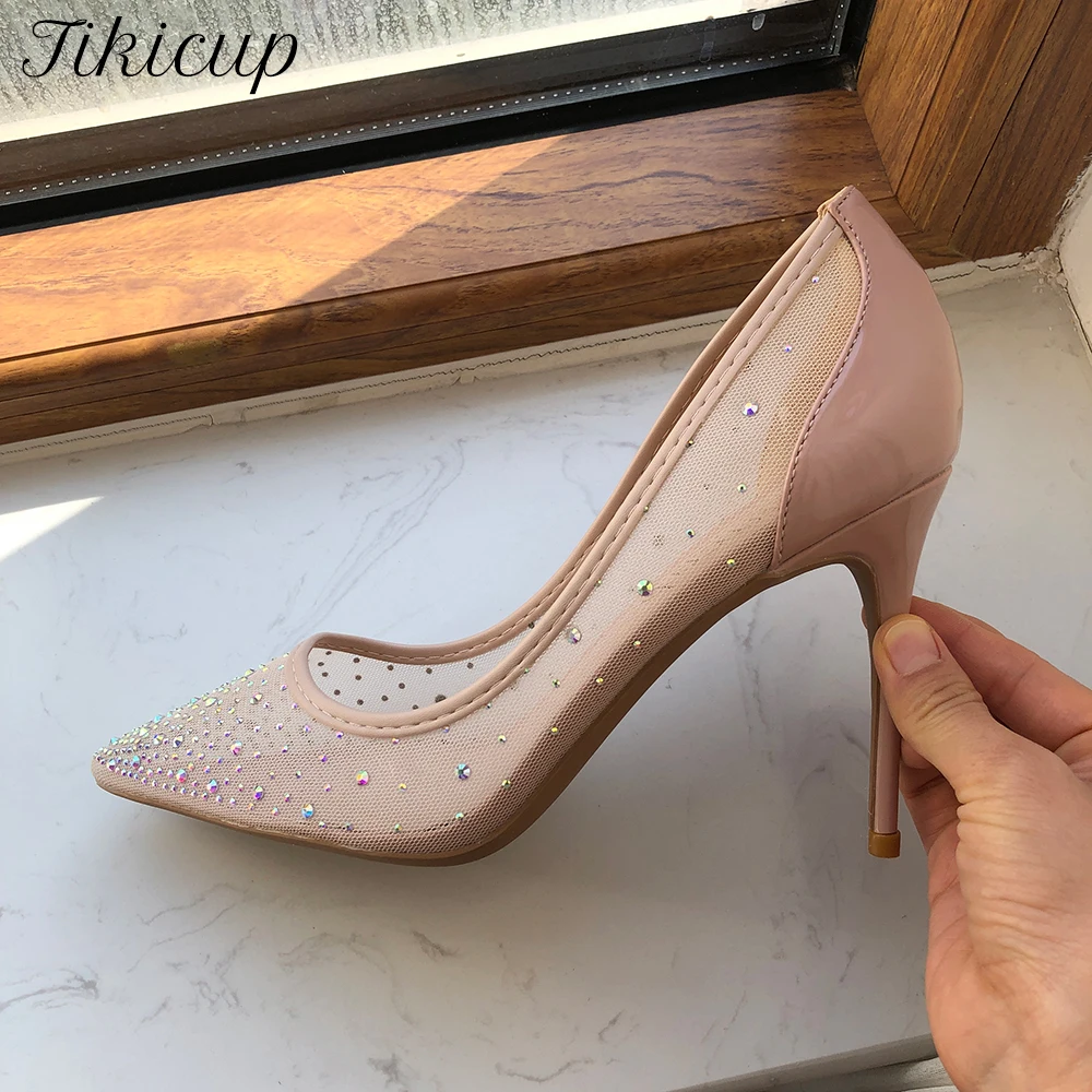 Tikicup Summer Women Rhinestones Gauze Pointy Toe High Heel Wedding Party Dress Shoes Elegant Stiletto Pumps Nude Black White