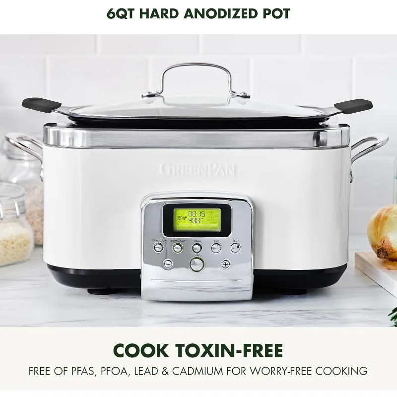 8-in-1 Programmable 6QT Electric Slow Cooker, Dishwasher Safe Lid and Removable Pot, Saute/Sear, Steam Basket, Roast, White