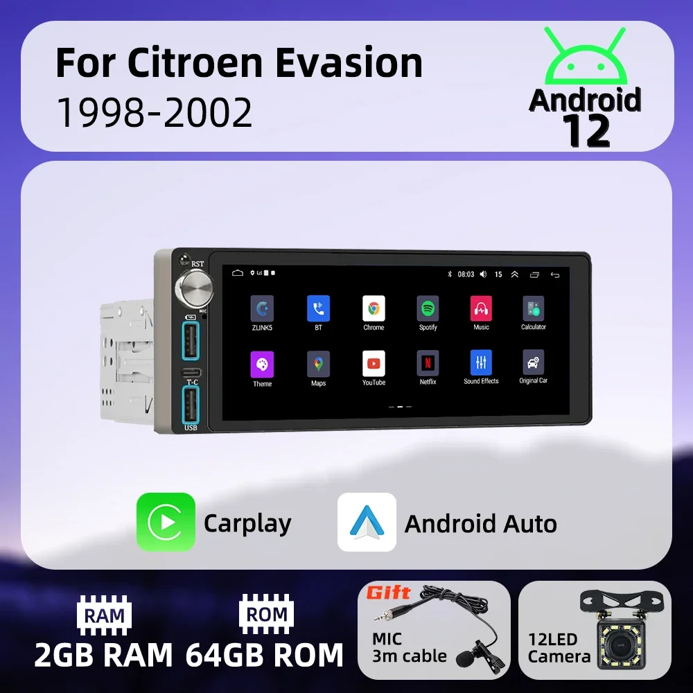 

Wireless Carplay Autoradio 6.86" 1Din Radio Android Car Multimedia for Citroen Evasion 1998-2002 Stereo Head Unit GPS Navigation