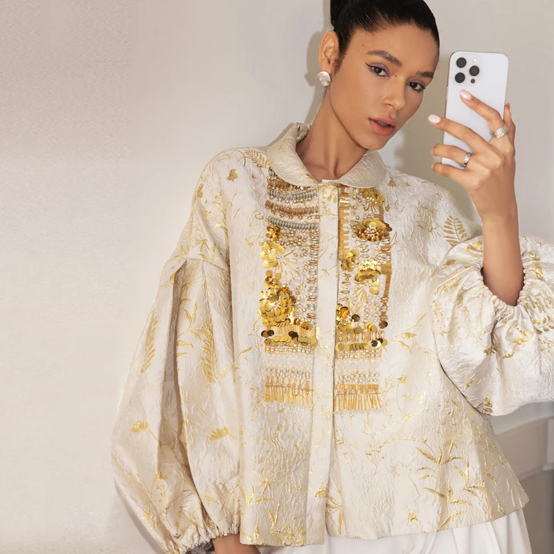 

Retro Artistic Lantern Sleeve Gold Wealthy Jacket Handmade Heavy Work Silk Top for Women Elegant Fashionable Autumn Wear