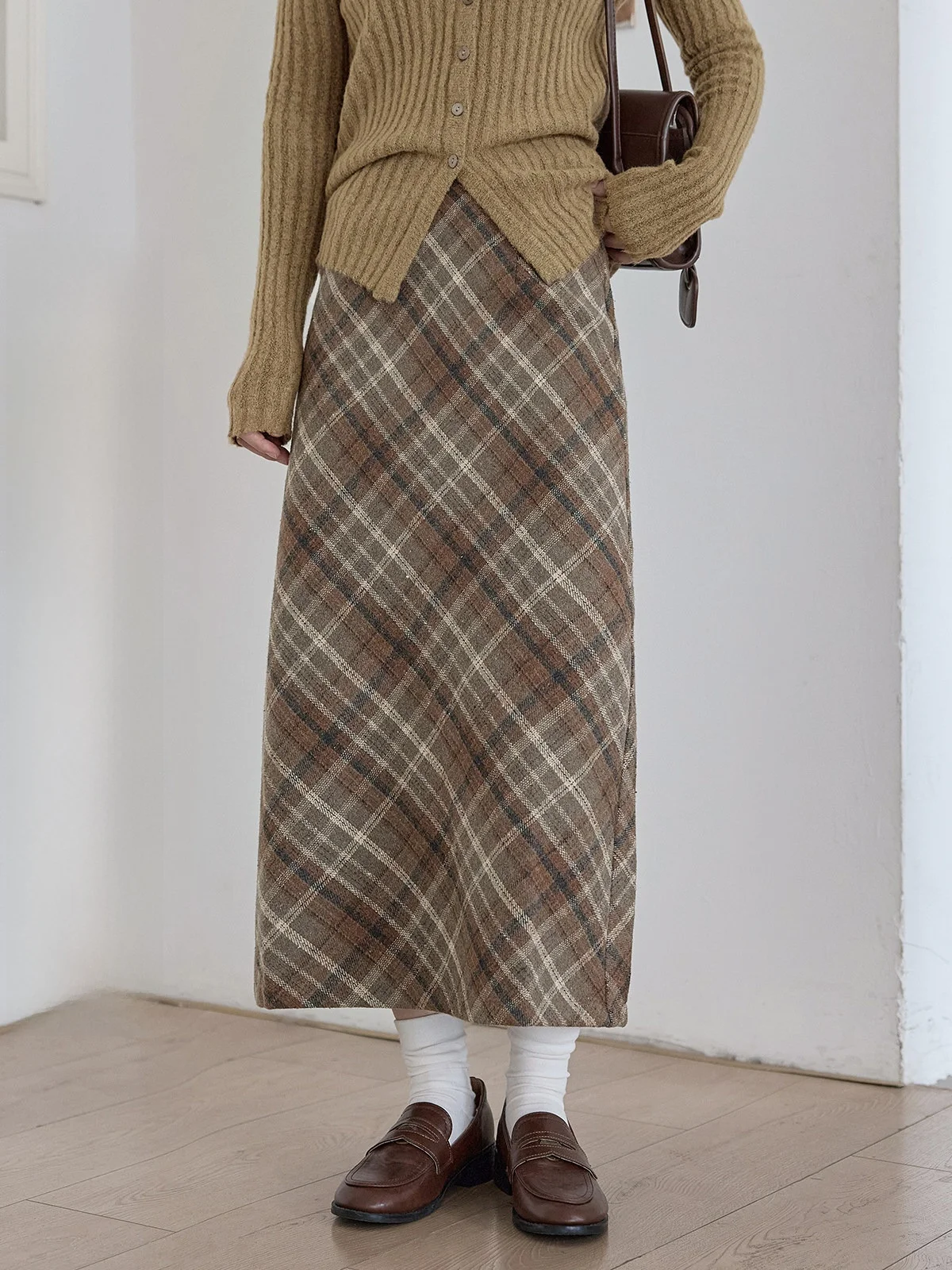 

Юбка женская шерстяная в клетку с завышенной талией, весна 2026, ретро, универсальная, стройнящая, для офиса, в корейском стиле, прямая, трубчатая