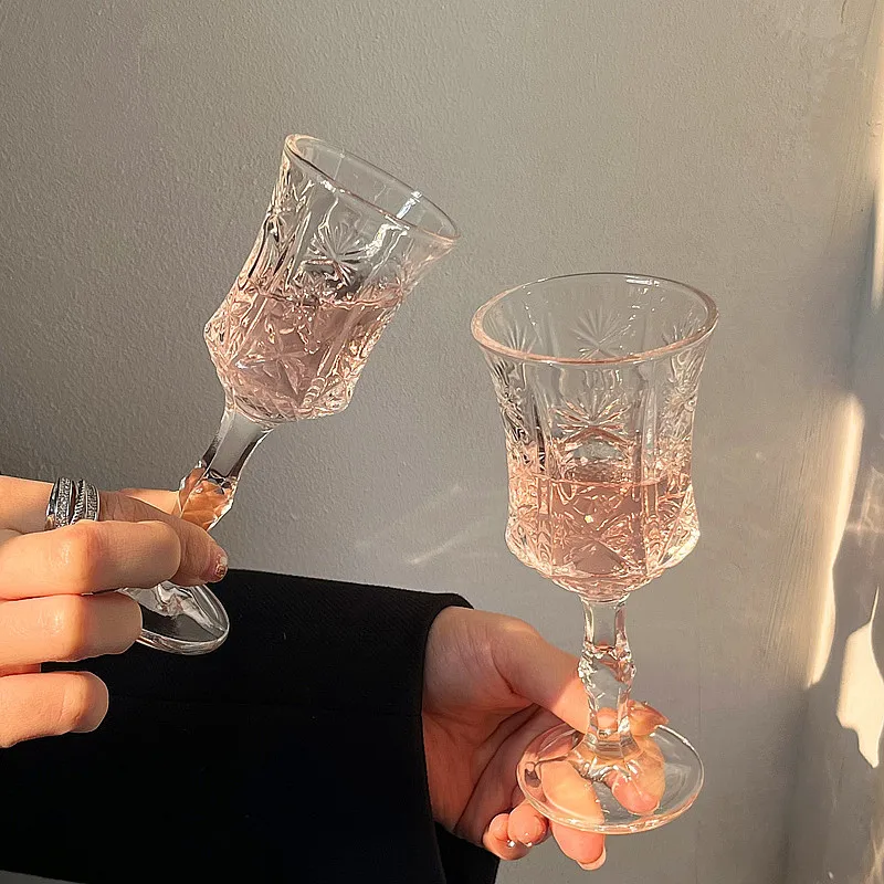 

Cute Cup Horn Transparent Glass Goblet Large Opening Simple Red Wine Glass Embossed Champagne Cold Drink Cup