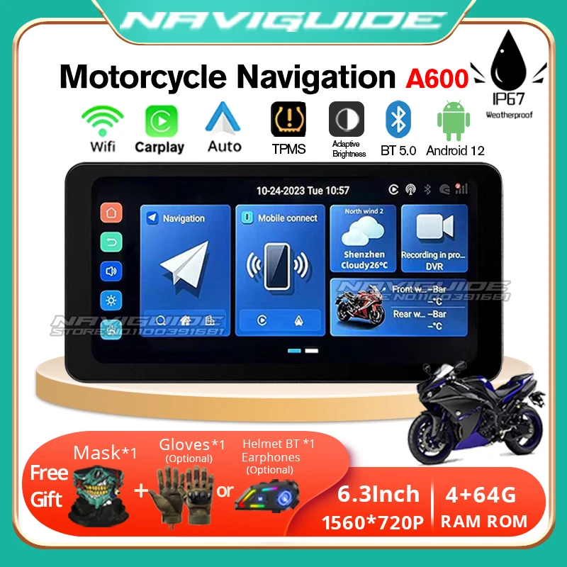 NAVIGUIDE 6.3inch A600 Portable Motorcycle LCD Display GPS Dustproof IPX7 Waterproof For Wireless Apple CarPlay Android Auto