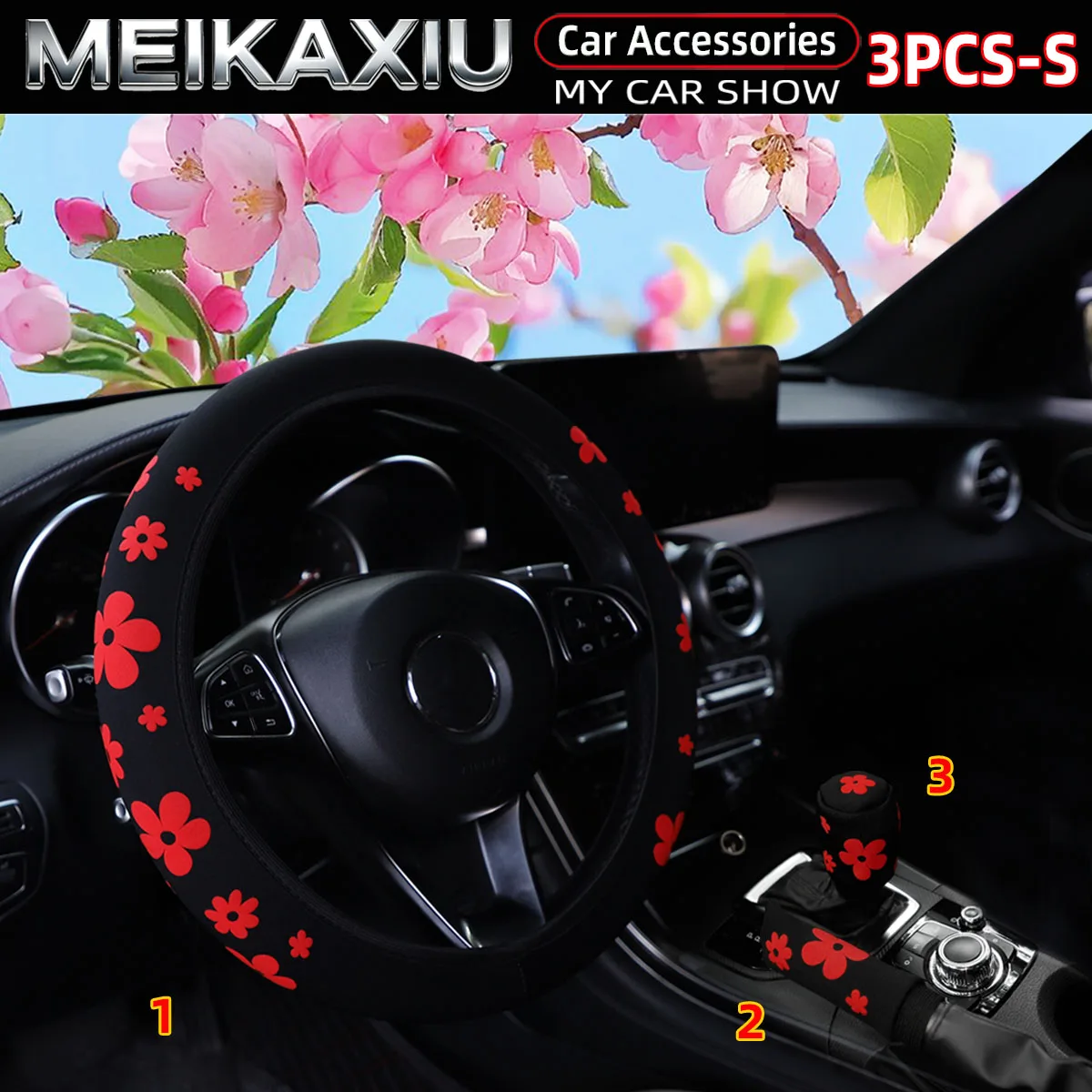 3-teiliges Set Schaumstoffblumen 3D Stoff Auto Lenkradbezug Handbremsenbezug Schalthebelbezug Auto-Zubehör für Frauen – Detail 7