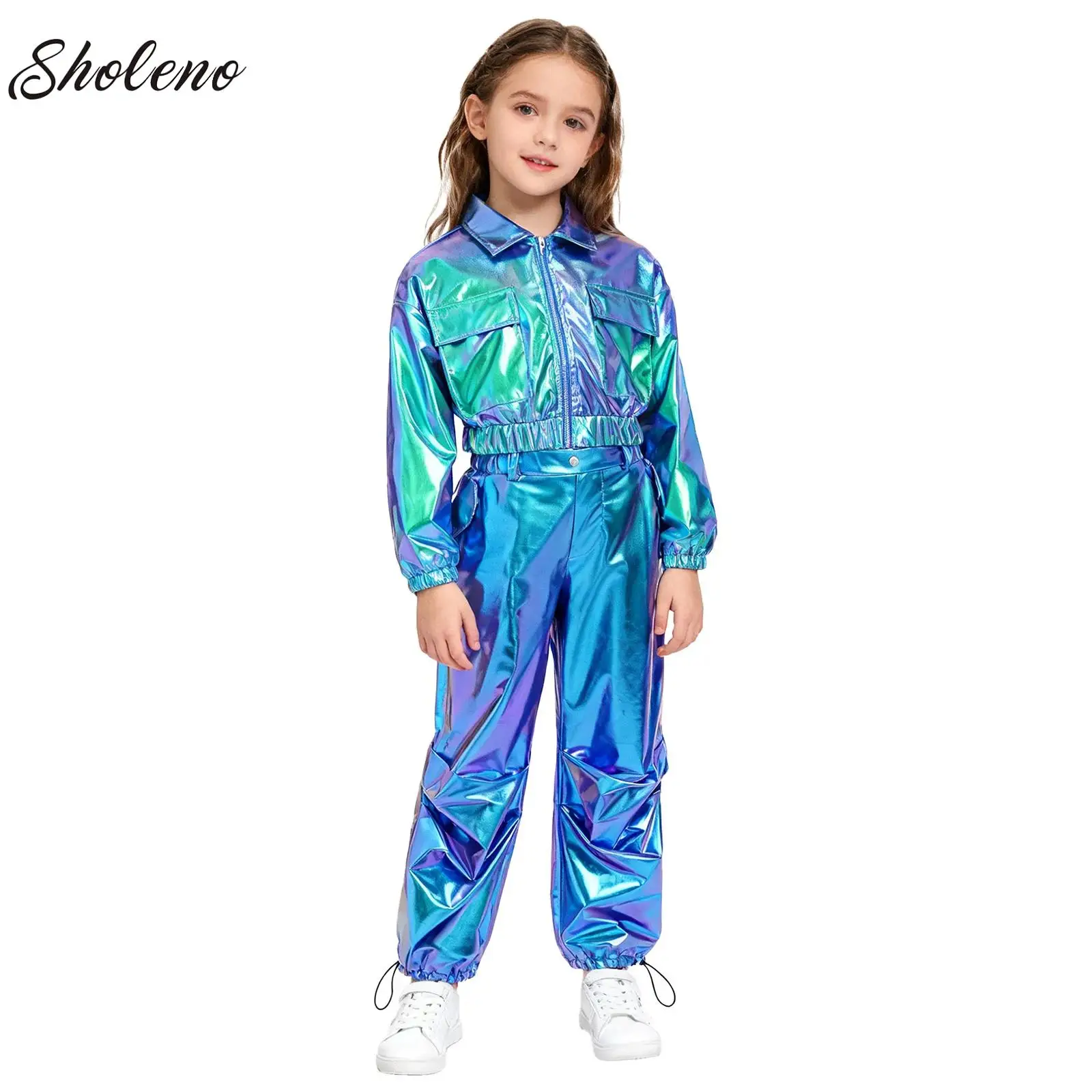 

Kids Girls 2pcs Tracksuit Shiny Disco Jazz Dance Set Lapel Collar Zip Up Crop Top with Jogger Pants for Hip Hop Street Dance